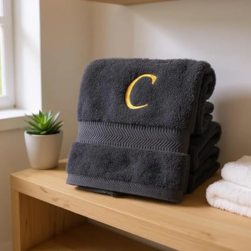 Monogrammed Bath, Hand, Washcloth Cotton Towel Set, Personalized Gift 3Pc-C - color: Black & Gold, size: Initial C