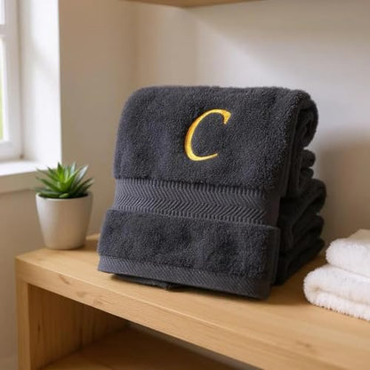 Monogrammed Bath, Hand, Washcloth Cotton Towel Set, Personalized Gift 3Pc-C - color: Black & Gold, size: Initial C