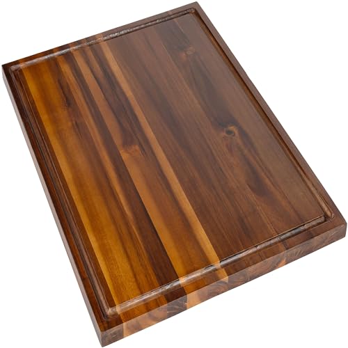 happimess Eldridge Extra Large 24" x 18" Acacia Cutting Board, Brown | Handcrafted, 1 Inch Thick, Reversible Design, Juice Grooves, Authentic Wood Grain, Rectangular, Farmhouse Style - color: Brown, size: 24"L x 18"W