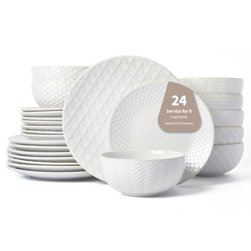 24 Piece Dinnerware Sets for 8, Premium Stoneware Plates and Bowls Sets, Microwave & Dishwasher Safe, Elegant Dishes for Entertaining & Special Occasions – A Stunning Gift for Large Families - size: Service for 8 (24pcs)