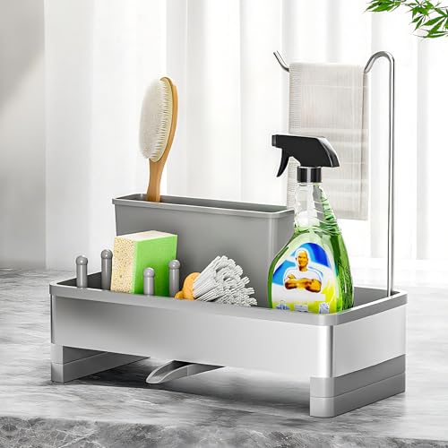 Ewaiira Sponge Holder for Kitchen Sink, Stainless Steel Sink Caddy | with Brush Holder & Dishcloth Rack, Countertop Sink Organizer, Soap Dispenser Kitchen Organizers Storage (F-Gray 9.8″) - color: F-gray