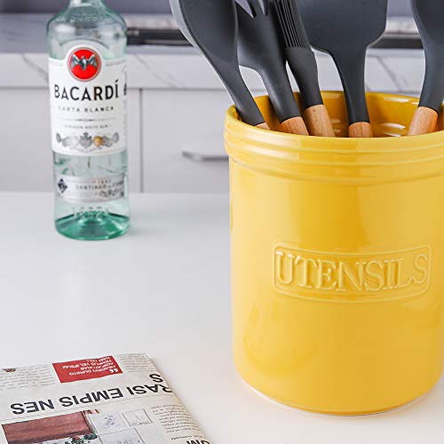 KOOV Cooking Utensil Holder, Large Ceramic Utensil Crock, Deep and Stable, Utensil Caddy for Countertop Letter Series (Yellow) - color: Yellow