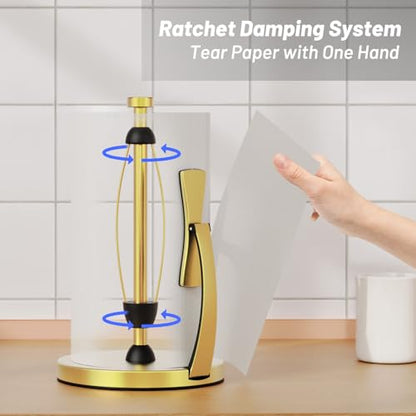 VEHHE Gold Paper Towel Holder Countertop, One-Handed Tear, Stainless Steel, Stand Paper Towel Holder with Spring Activated Arm & Non Slip Weighted Base, for Kitchen Bathroom - color: Gold, size: Eva Pad Base
