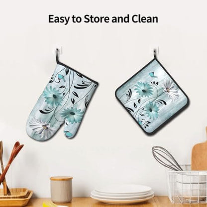Giwawa Daisy Floral Oven Mitts and Pot Holder Set of 2 Teal White Flower Heat Resistant Kitchen Mitts Potholders Washable for Cooking Grilling BBQ - color: Daisy Floral