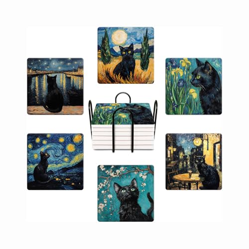 Drink Coasters for Drinks Set of 6, Art and Black Cat Absorbent Square Ceramic Stone Mat Coaster, with Cork Base and Metal Holder, Home Bar Decor House Warming Gift - color: Black Cat, size: Square