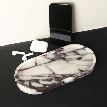 100% Natural Calaccata Viola Marble Tray, 10" x 5" Oval Tray | Luxury Calacatta Marble Vanity Tray, Small Hand Towel Tray Holder Organizer, Makeup Holder for Bathroom Kitchen Counter - color: Viola-oval-10"x5"x0.7"