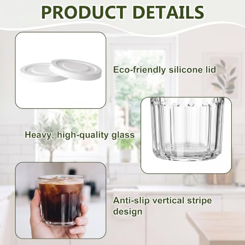 Suclain Glass Cups with Lids Set of 6, 13.5 oz Thick Drinking Glasses, Heavy Duty Tumblers with Leak Proof Lids, Clear Glassware for Cold Drinks, Iced Coffee (White) - color: White
