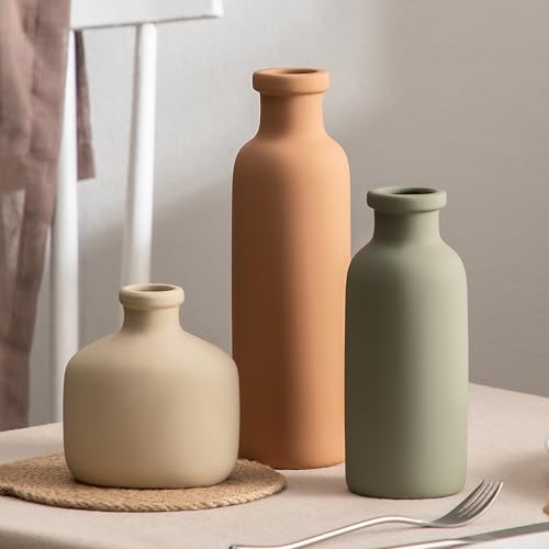 Ceramic Vase Set of 3, Rustic Bud Vase for Flower Decor | Modern Terracotta Vases Set for Centerpieces, Pampas Grass, Farmhouse Table,Office, Mini Pottery Style - color: 202-3
