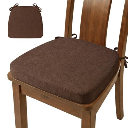 D-Shaped Chair Cushions Set of 1, Chair Pads with Ties, 17" x 16" | 2" Thick Non Slip Seat Cushion for Dining & Kitchen Chairs, 40D Foam, Removable Washable Cover, Brown - color: Brown