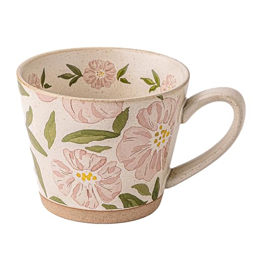 15oz Vintage Floral Ceramic Coffee Mug for Latte, Hot Tea (Pink) | Hand-Painted Lead-Free Tea Cup with Comfort Handle, Microwave & Dishwasher Safe for Home Office & Gift for Women - color: Pink Floral
