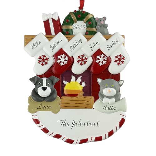 Customized and Personalized Christmas Ornament - Family of 2-6 with Two Pets - Select 2 of The 25 Different Dogs and Cats to Design Your Own Made to Order Gift (Family of 5) - size: Family of 5 with 2 pets