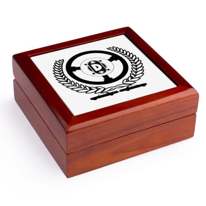 3dRose Laurel wreath, steering wheel, two cars. Charming letter D Jewelry Box 7 x 7 inch with 4 inch tile