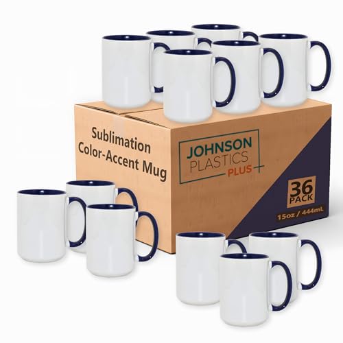 JPPlus 15oz Sublimation Mugs with Colored Handles & Interiors | Tazas para Sublimar, Bulk Mugs for Custom Designs & Branding | White Mugs Set of 12 or Case of 36- Blue (36) - color: Blue