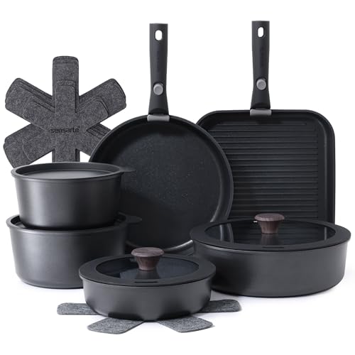 SENSARTE 17 Piece Nonstick Detachable Handle Pots and Pans Set Black | Removable Handle Cookware Set, Induction Cookware Set with Removable Handle, Healthy Non Stick for RV, Dishwasher ＆ Oven Safe - color: Black, size: 17 Piece
