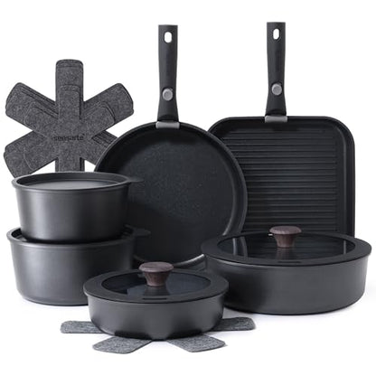 SENSARTE 17 Piece Nonstick Detachable Handle Pots and Pans Set Black | Removable Handle Cookware Set, Induction Cookware Set with Removable Handle, Healthy Non Stick for RV, Dishwasher ＆ Oven Safe - color: Black, size: 17 Piece