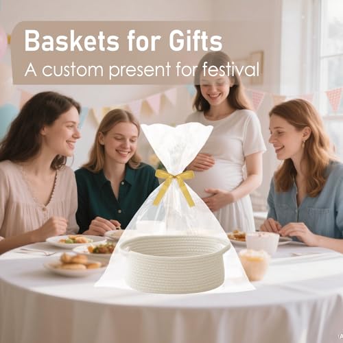 JMvicyroam Small Woven Basket, Empty Gift Basket, White/2 Pack | Small Gift Basket, Cotton Rope, 12 x 8 x 7 in, Handles, Includes Ribbon and Bag, Birthday Gift Basket - color: White, size: 2 Pack