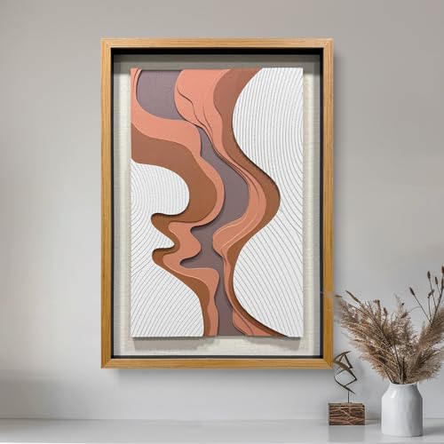 BrightA 5-Layer Wood Relief Wooden Wall Art Fluid Curves in Warm Brown & Ash Grey with Linear Grain Background, Framed in Solid Wood & Tempered Glass for Contemporary Walls 27.5"x39.4" - color: Rice white + earth yellow + dark brown 3 + natural wood tone,