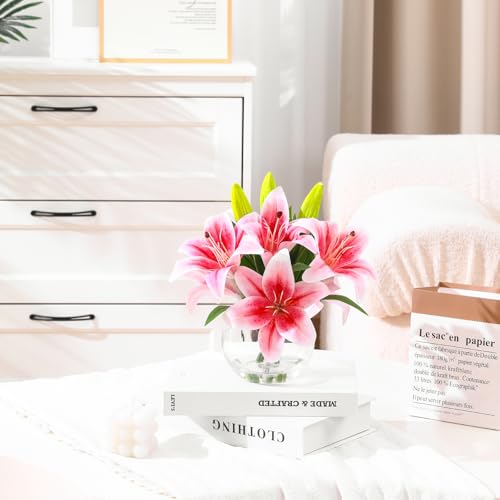 Artificial Tiger Lily Arrangement in Glass Vase, Realistic Touch Silk Flowers, FakeLilies with Faux Water - color: Light Pink