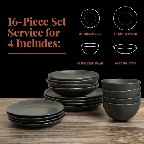 Stoneware Dinnerware Set, 16 Piece, 4 Place Settings, Made in Portugal, Charcoal - color: Charcoal Gray