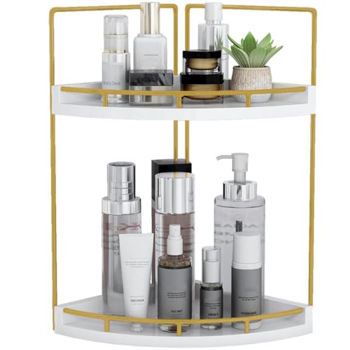 Dorhors Corner Bathroom Counter Organizer,Vanity Countertop Storage Shelf | 2-Tier Gold Rack Holder for Skincare,Perfume,Makeup,Lotion,Wood Sink Tray Stand for Kitchen,Restroom,Dresser - color: Gold