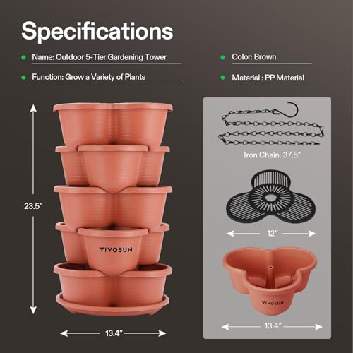 VIVOSUN 5 Tier Vertical Gardening Stackable Planter for Flowers, Brown | Planter for Flowers, Herbs, Vegetables, Brown - size: 5-Tier-Brown