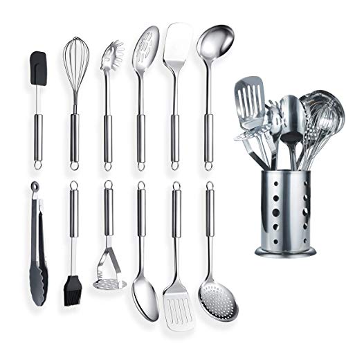 Berglander Cooking Utensil Set 13 Piece Stainless Steel Kitchen Tool Set with Holder, Include Cooking Spoon, Spatula, Whisk, Cooking Tong and etc. (13 Pieces) - color: B. 13 Pieces
