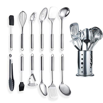 Berglander Cooking Utensil Set 13 Piece Stainless Steel Kitchen Tool Set with Holder, Include Cooking Spoon, Spatula, Whisk, Cooking Tong and etc. (13 Pieces) - color: B. 13 Pieces