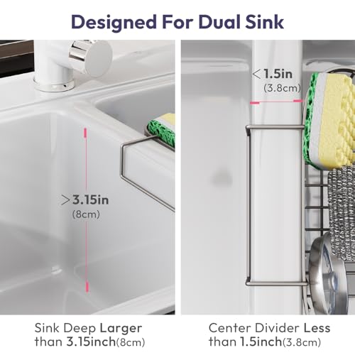SWTYMIKI Sponge Holder for Kitchen Sink - Movable Kitchen Sink Caddy with M Hook Stainless Steel Hanging Sponges Caddy Organizer in Double Bowl Sinks Depth>3.15in, Middle Divider<1.5in, Sand Nickel L - color: Sand Nickel-large