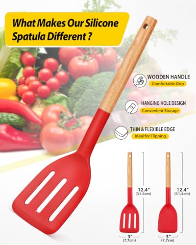Pack of 2 Silicone Cooking Spatula, Heat Resistant Solid Turner, Non Stick Slotted Spatulas with Wooden Handle,Ideal Wood Kitchen Utensils Set for Frying, Baking, Flipping, Turning (RED) - color: Red