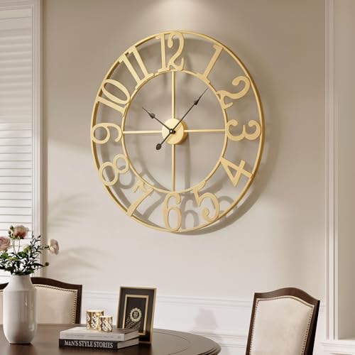 Cuspin Extra Large Wall Clock for Living Room Decor, 36 Inch Wall Clock Battery-Operated Silent Non Ticking, Modern Gold Decorative Metal Clock with Arabic Numerals - color: Gold Arabic Number, size: 36 Inch