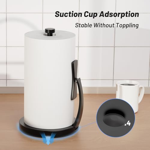 VEHHE Paper Towel Holder Countertop, Black Paper Towel Holder with Spring Activated Arm and Damping Effect, Simply Tear Paper Towel Stand for Bathroom and Kitchen (Black) - color: Black, size: Suction Base