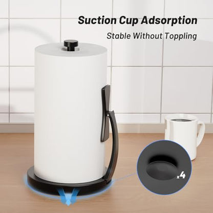 VEHHE Paper Towel Holder Countertop, Black Paper Towel Holder with Spring Activated Arm and Damping Effect, Simply Tear Paper Towel Stand for Bathroom and Kitchen (Black) - color: Black, size: Suction Base
