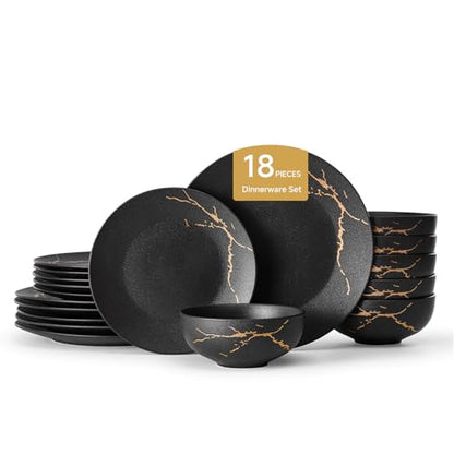 18-Piece Matte Crackle Dinnerware Sets, Black and Gold | Porcelain Plates & Bowls Set | Scratch Resistant Handcrafted Gold Luster | Microwave, Dishwasher Safe | Serves 6 | Ideal Gift - size: Service for 6 (18pcs)
