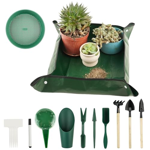 16Pcs Garden Tools, Mini Garden Hand Transplanting Succulent Tools Set, 19.6" Thickened Plant Repotting Mat & Succulent Hand Tools, Plants Transplanting Supplies for Indoor Outdoor Fairy Care, Cactus