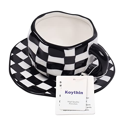 Koythin 10oz Ceramic Coffee Mug With Saucer, Black White Plaid Latte Cup | 300ml Drinkware, Microwave & Dishwasher Safe; Daily Office Cup, Sweet Gift For Women - color: Black and White Plaid