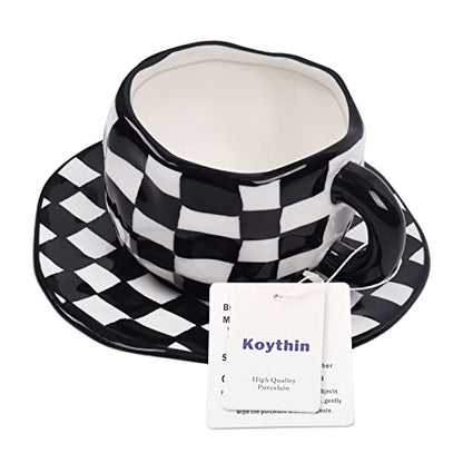 Koythin 10oz Ceramic Coffee Mug With Saucer, Black White Plaid Latte Cup | 300ml Drinkware, Microwave & Dishwasher Safe; Daily Office Cup, Sweet Gift For Women - color: Black and White Plaid