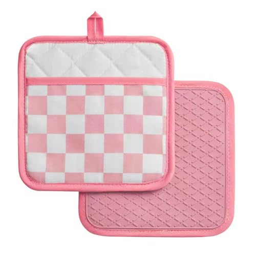 Ohocut Pink Checkered Pot Holder, Checkerboard Potholders for Kitchen, Silicone Pot Holders with Pocket for Kitchen Clearance 2 Pack Set, Hot Pads and Oven Mitts for Cooking Baking - color: Pink