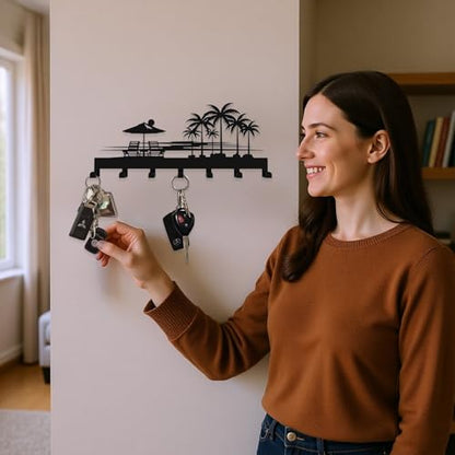 Tropical Style Key Holder Wall Mount with 7 Hooks, Key Hanger Organizer for Front Door, Hallway, Entryway & Office Decor, Featuring Sunset and Coconut Tree Design