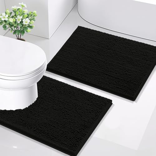Smiry Chenille Bathroom Rugs Sets 2 Piece (24x16+ U Shape 24x20, Black) | Soft Absorbent Machine Washable Non Slip Shaggy Bath Rug Set for Tub, Shower, and Floor, Home Decor - color: Black, size: 24"X16"+ U Shape 24"X20"