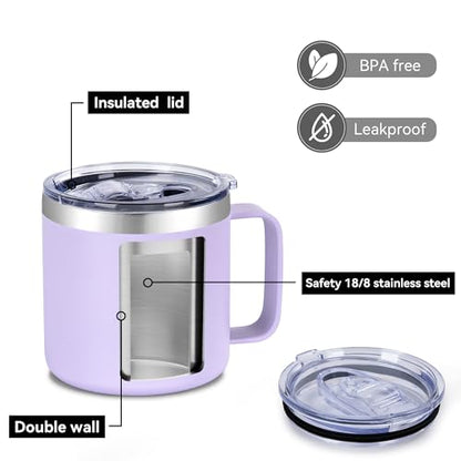 VEGOND 14 oz Insulated Coffee Mug with Handle, Stainless Steel Travel Coffee Mug with Lid, Double Wall Vacuum Metal Coffee Cup, Coffee Tumbler Powder Coated, Purple 1 Pack - color: Purple, size: 14 Ounces