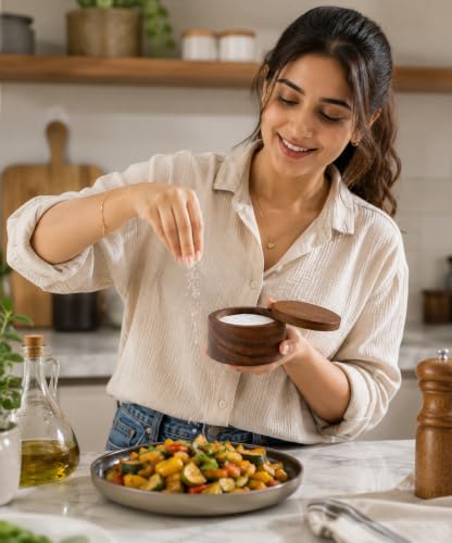 Acacia Wood Salt cellar bowl Box with Swivel Lid – Wooden Salt box for Kitchen Countertop, Salt Keeper for Cooking, Spices & Seasonings