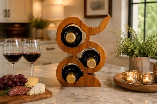 Handmade Solid Acacia Wood Wine Bottle Holder, 3-Bottle Chain Wine Rack, Rustic Countertop Wine Storage, Decorative Home Bar Display - size: 3-Bottle