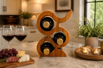 Handmade Solid Acacia Wood Wine Bottle Holder, 3-Bottle Chain Wine Rack, Rustic Countertop Wine Storage, Decorative Home Bar Display - size: 3-Bottle