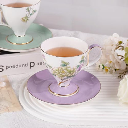 KAMMAK Ceramic Coffee Cups Saucers Set of 2, Porcelain Espresso Cups with Saucers, 8.12 oz Handcrafted Elegant Bone China Tea Cups, Purple Purple & Mint Green Flower Teacup for Party, Office, Gift - color: Green Jade + Purple Blossom
