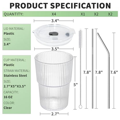 16 OZ Iced Coffee Cups with Lids and Straws Set of 4, Unbreakable Plastic Drinking Glasses Reusable Iced Coffee Glass to Go Cup for Iced Tea,Juice, Water,BPA Free, Dishwasher Safe - style: 4 Pack