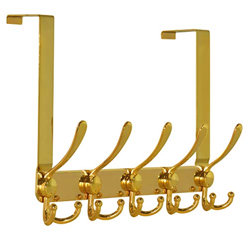 Over The Door Hook Hanger - Fits 1 3/8" to 1 3/4" Standard Doors | 5 Tri Hooks Heavy Duty Towel/Coat Rack | Door Organizer for Clothes, Jackets, Hats, Towels, Gold - color: Gold