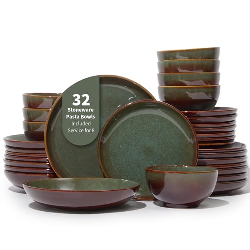 32 Piece Double Bowl Dinnerware Sets with Pasta Bowls, Highly Chip and Crack Resistant Plates and Bowls Sets, Natural Earthyware Ceramic Dishware Sets, Service for 8 Brown Green - color: Brown Green, size: 32pcs (for 8)