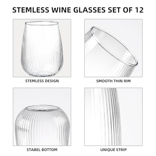 UMEIED Stemless Wine Glasses Set of 12, 17 oz Red White Wine Glasses | Clear Glassware Set for Red/White Wine Dishwasher Safe, Ideal for Daily Use Home Bar Birthdays Housewarming (Strip Texture) - color: Strip Texture