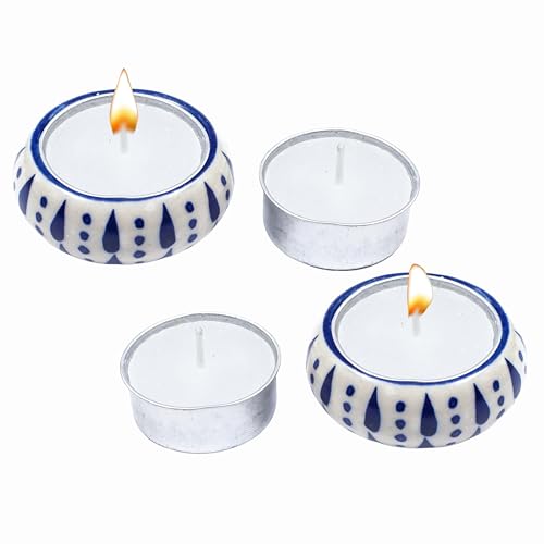 Ceramic Tealight Holder Set of 6 - Hand-Painted Candle Holders with Wax Tealights - Decorative Votive for Home, Party, Wedding, Festive & Gift Décor (White Blue) - ALPHA Living HOME