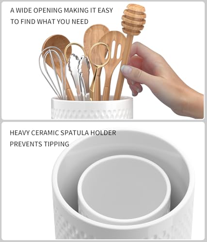 Ceramic Utensil Caddy, Cooking Utensil Holder for Kitchen Counter | 6.8 inch Large Spatula Holder, Farmhouse Kitchen Decor for Silverware Spoon Crocks 2PCK